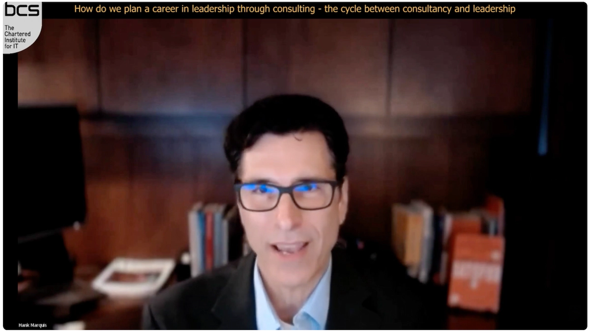 Video thumbnail showing Dr. Hank Marquis presenting on how consulting and leadership interact to build effective leadership careersp